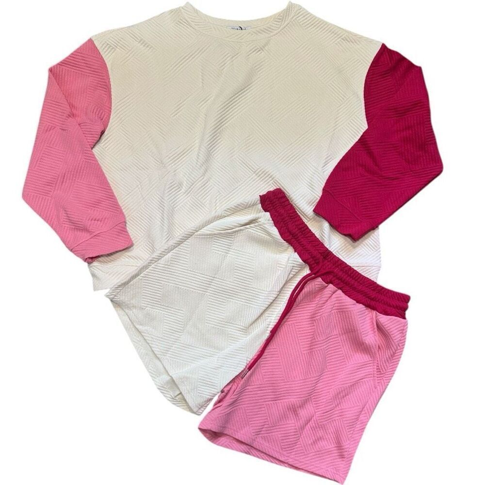 Pink Contrast Color Block Long Sleeve Top & Shorts Lounge Set NWT - Picture 3 of 14